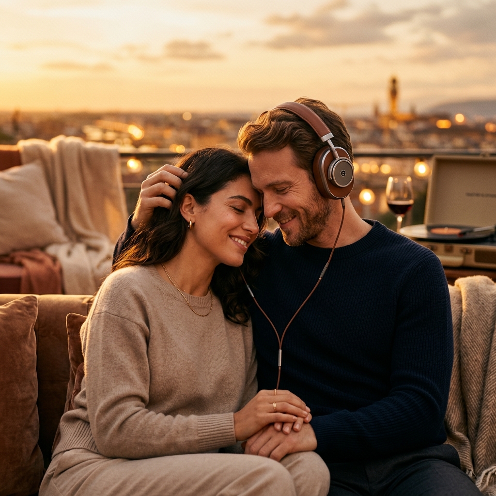 Casal ouvindo música personalizada com fones em momento emocionante